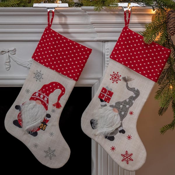 GERSON INTERNATIONAL Set of 2 Fabric Christmas Gnome Design Stockings at 20 in. Long