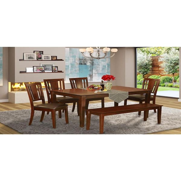 East West Furniture 6-Piece Rectangle Mahogany Finish Solid Wood Top Dining Table with 1 Bench, 4 Chairs with Lattice Back