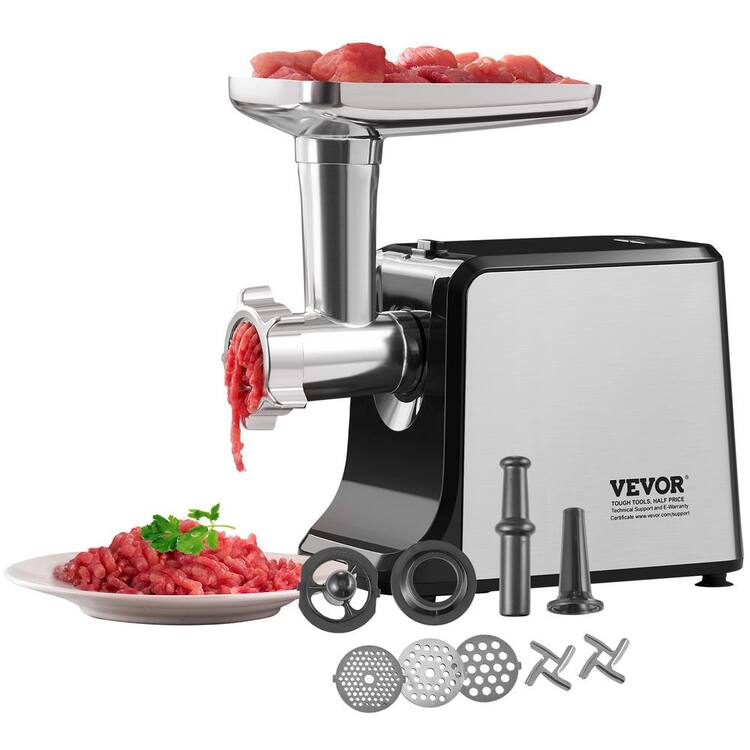 VEVOR Meat Grinder, 3 Lbs. /Min Capacity Electric Meat Grinders with Blade, Grinding Plate, Sausage Maker, Kubbe Kit in Silver