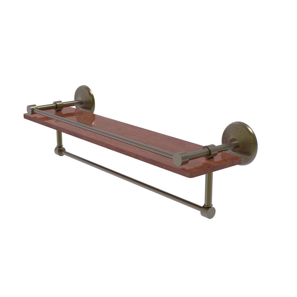 Allied Brass Monte Carlo Collection 22 in. IPE Ironwood Shelf with Gallery  Rail and Towel Bar in Antique Brass MC-1-22TB-GAL-IRW-ABR