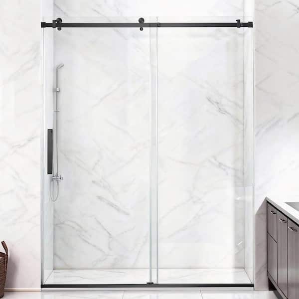 56 to 60 in. W x 76 in. H Single Sliding Frameless Shower Door in Matte Black with 5/16 in. Tempered Clear Glass
