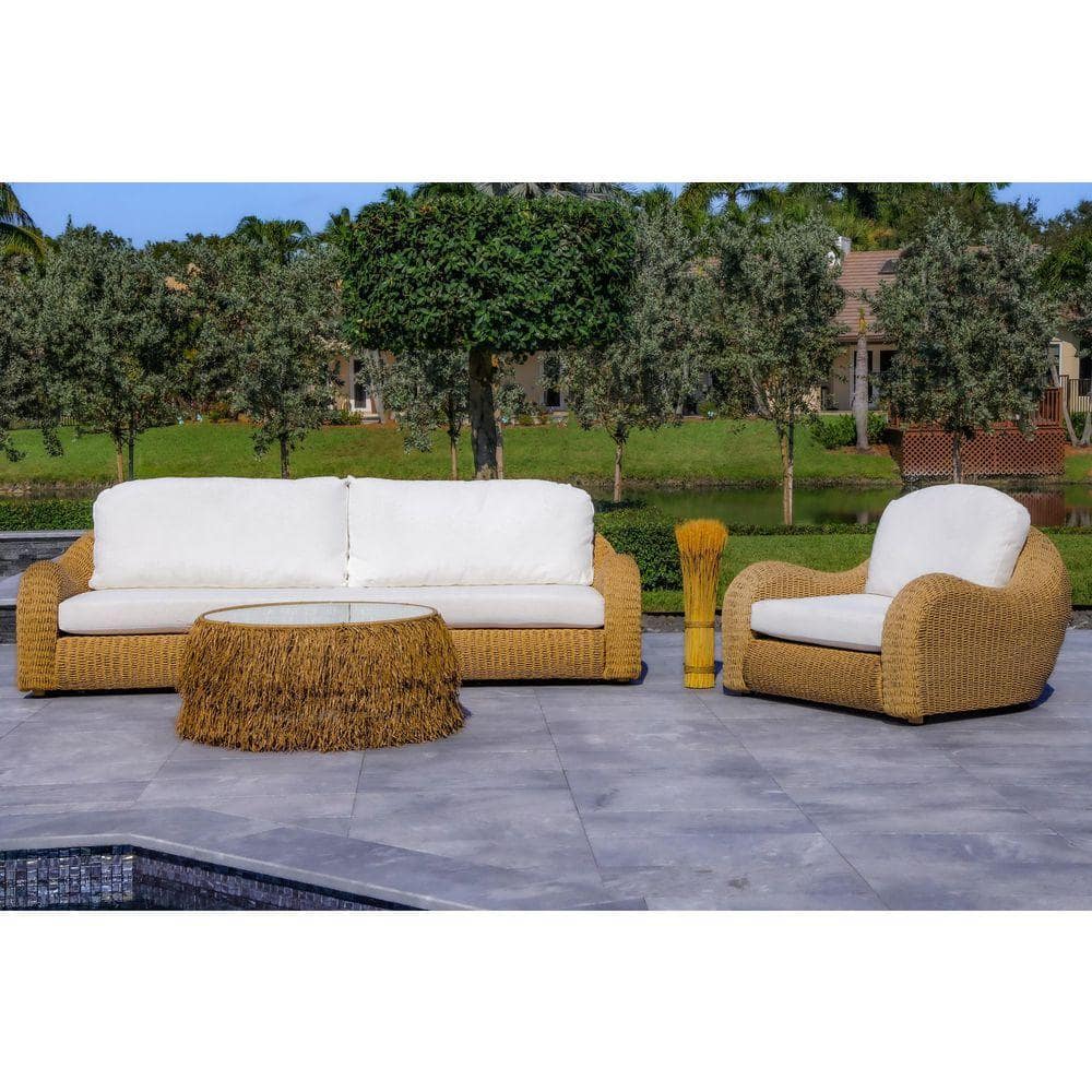 Katalina 3-Piece Patio and Backyard Poly Hyacinth Conversation Set with Aluminum Frame and White Cushions