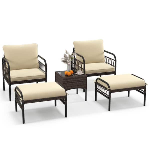Costway 5-Piece Patio Conversation Set Outdoor Wicker Chair Set with Ottomans and Coffee Table