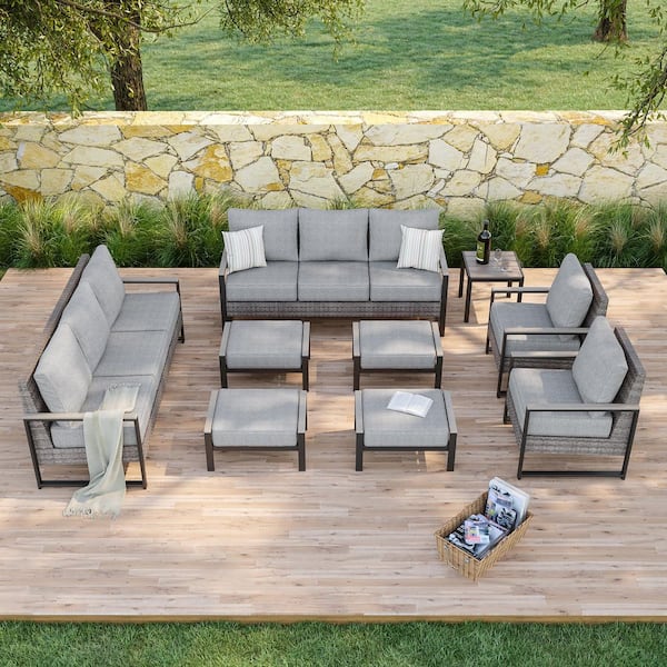Sonkuki 9 Pieces Patio Conversation Set Sofa Set with Ottomans and Side Table Gray PE Wicker with Linen Grey Cushion