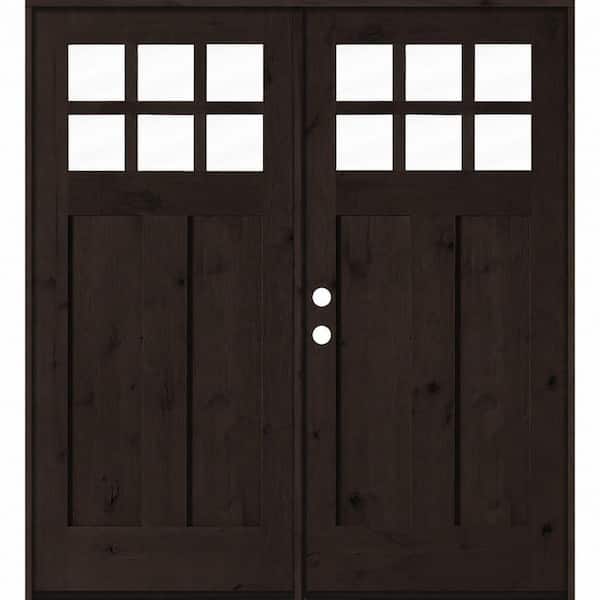 72 in. x 80 in. Knotty Alder Right-Hand/Inswing Double 6-Lite Clear Glass True Black Stain Wood Prehung Front Door