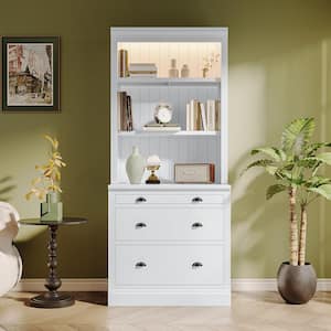 83.4 in. Tall White Wood 3-Shelf Accent Standard Bookcase with Adjustable Shelf, LED Lights, 3 Drawers