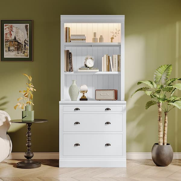 Harper & Bright Designs 83.4 in. Tall White Wood 3-Shelf Accent Standard Bookcase with Adjustable Shelf, LED Lights, 3 Drawers