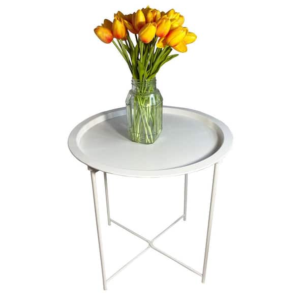 Unbranded White Foldable Metal Side Table Rust Resistant Waterproof Outdoor or Indoor Snack Table, Accent Coffee Table.