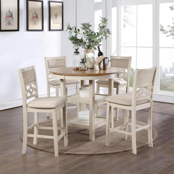 New Classic Furniture Mitchell 5-piece Wood Top Round Counter Set with 2 Table Shelves, Bisque/Brown