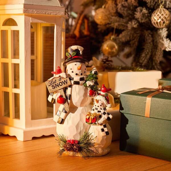 6 in. x 9 in. Black Resin Winter Snowman Hold a Sign Garden Statue