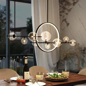 56.33 in. Black 10-Light Sputnik Island Linear Pendant Light with Globe Glass Shades