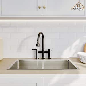 Double Handle Bridge Kitchen Faucet with 3-Function Pull-Down Spray Head in Matte Black