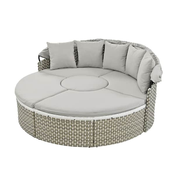 Wicker Patio Outdoor Sofa Set Rattan Day Bed 2-Tone Weave Sunbed with Retractable Canopy, Gray Cushions