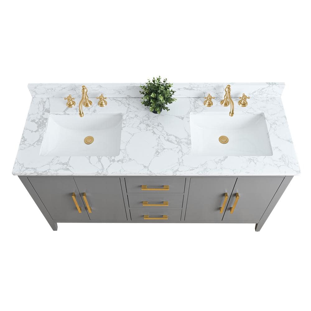 60" Cashmere Gray Double Sink Vanity with Gold Hardware and Marble Top