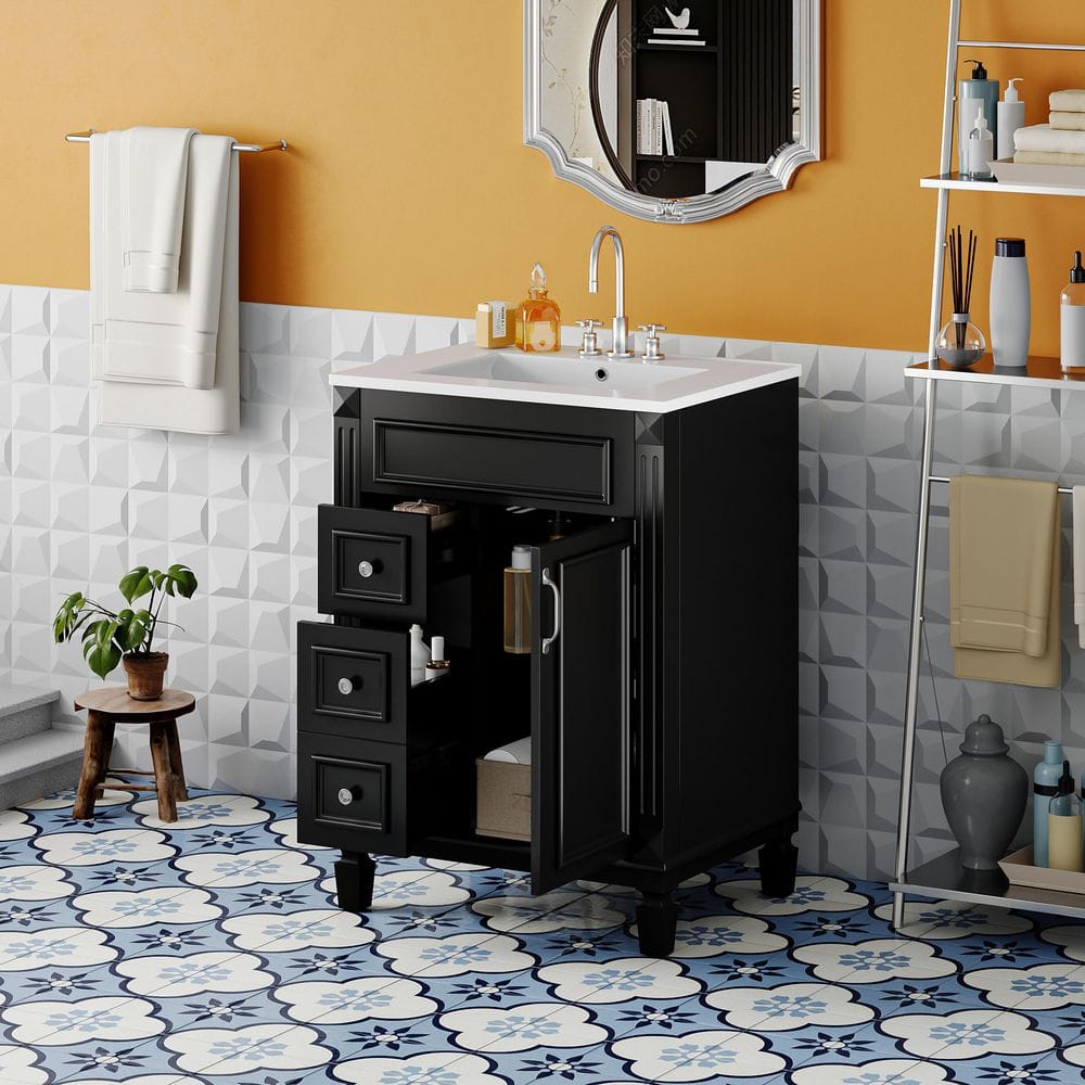 24 in. Single Sink Freestanding Black Bath Vanity with White Ceramic Sink Top, Adjustable Shelf price history on PriceWatchPro