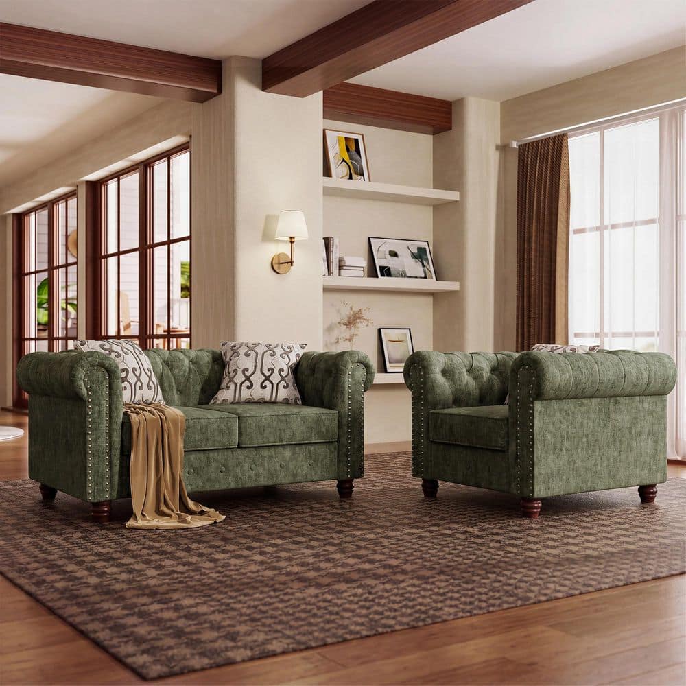 2-Piece Green Chenille Loveseat and Rolled Armchair Living Room Set Chesterfield Couch Tufted Back Nailhead Trim