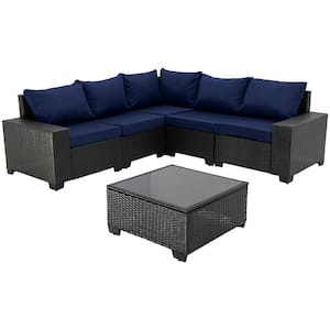 6-Pieces Wicker Patio Conversation Set Outdoor Sectional Sofa, with Dark Blue Cushions and Glass Top Table