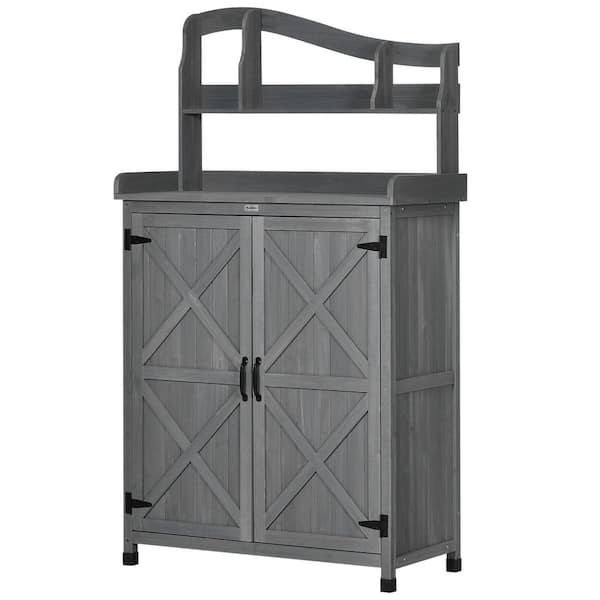 Unbranded 37.5 in. W x 67 in. H Gray Wood Potting Bench Table, Outdoor Storage Cabinet Planting Workstation with Magnetic Doors