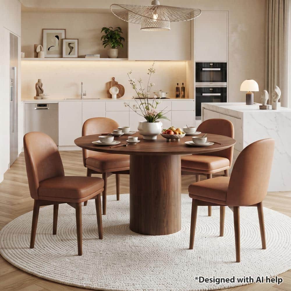 Modern Solid Wood Dining Chairs Set of 4, Faux Leather Upholstered Parson Chairs, Curved Back, Mid-Century