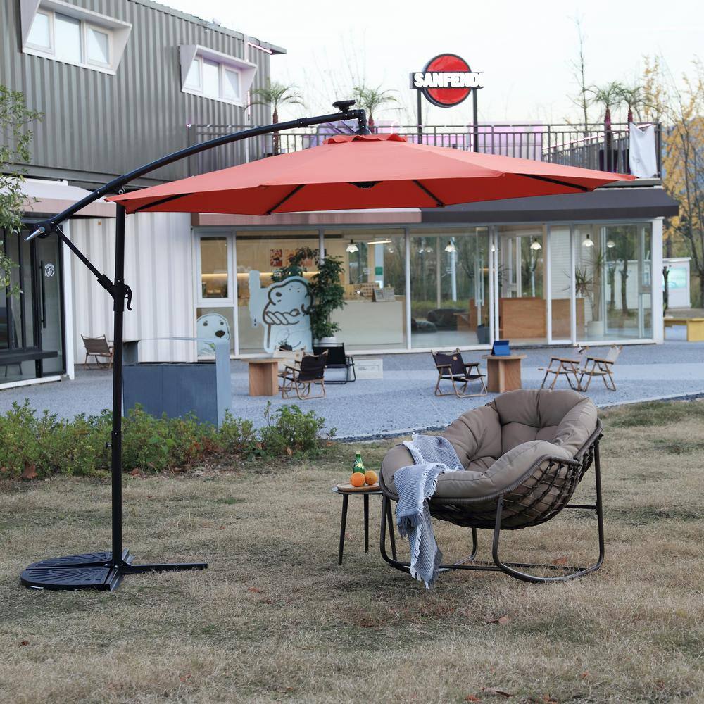10 ft Orange Cantilever Patio Umbrella with Solar LED Lights and Steel Pole
