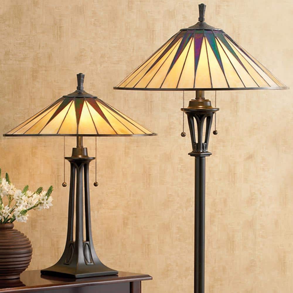 Vintage Bronze Tiffany Glass Floor Lamp with Triangle Pattern Shade