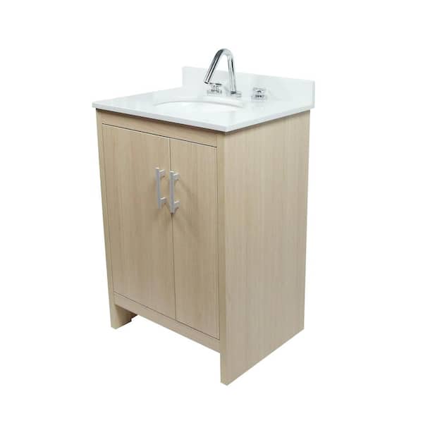 Bellaterra Home 25 in. W x 19 in. D x 36 in. H Single Bath Vanity in Neutral Finish with White Engineered Stone Top and White Oval Basin