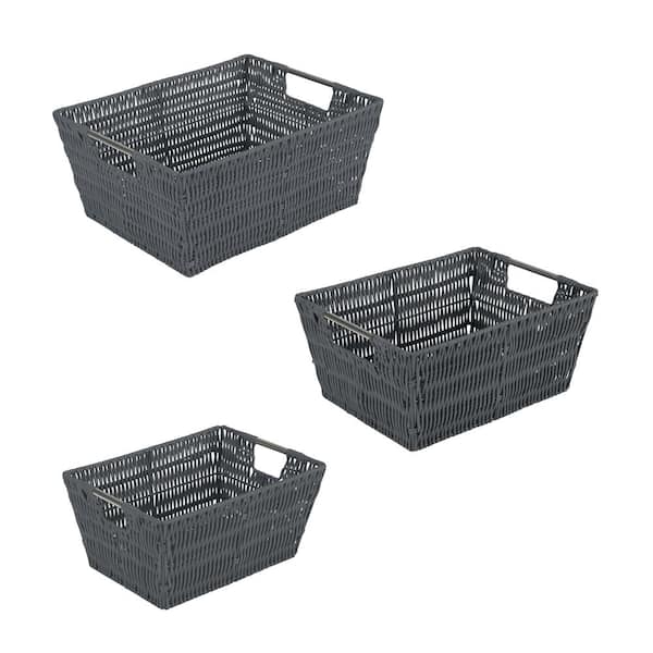 SIMPLIFY SM- 8.3 in. x 11.5 in. x 5.5 in., MD- 9.8 in. x 13 in. x 6 in., 3 Pack Set Rattan Tote Baskets in Charcoal