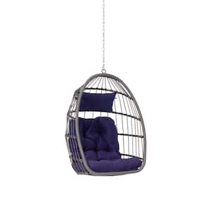 2.4 ft. Rattan Outdoor Egg Swing Chair, Wood Hanging Chair Hammock with Dark Blue Cushions