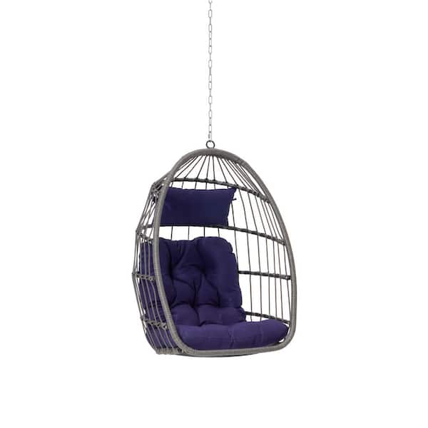 Unbranded 2.4 ft. Rattan Outdoor Egg Swing Chair, Wood Hanging Chair Hammock with Dark Blue Cushions