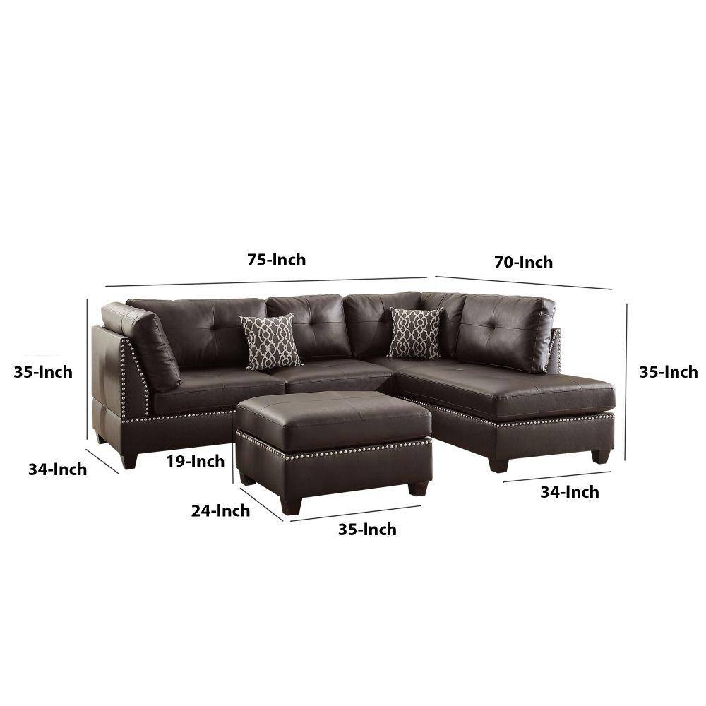 Brown Tufted Leather 3-Piece Sectional Sofa with Ottoman