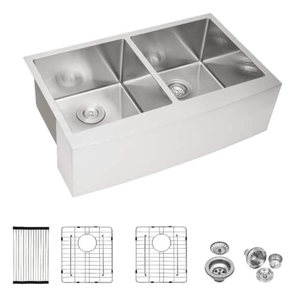 33 in. Farmhouse/Apron-Front Double Bowl 16-Gauge Brushed Nickel Stainless Steel Kitchen Sink with Accessories