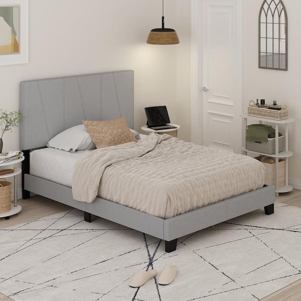 Furinno Lucy Gray Wood/Polyester Frame Full Platform Bed with Geometric Design