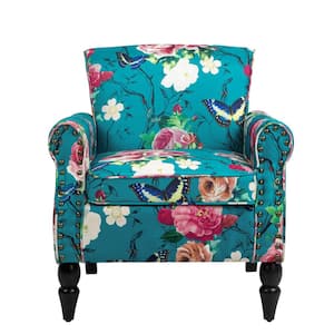 Mid-Century Blue Multicolor Floral Linen Upholstered Accent Armchair with Wooden Legs Set of 1