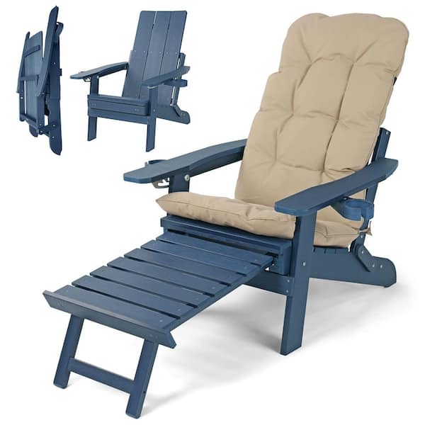 Poly Lumber Folding Adirondack Chair with Cup Holders, Ottoman and Cushion, Heavy Duty 700 lbs. for Outdoor, Navy Blue