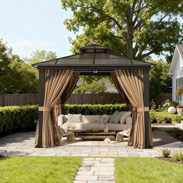 Sizzim 10 ft. x 10 ft. Brown Outdoor Gazebo, Polycarbonate Double