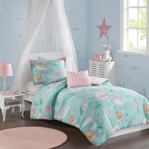 Twin 3pc Bedspread Set for Girls/Teens Elephants Stripes White Pink Lime Green Aqua Baby Blue 