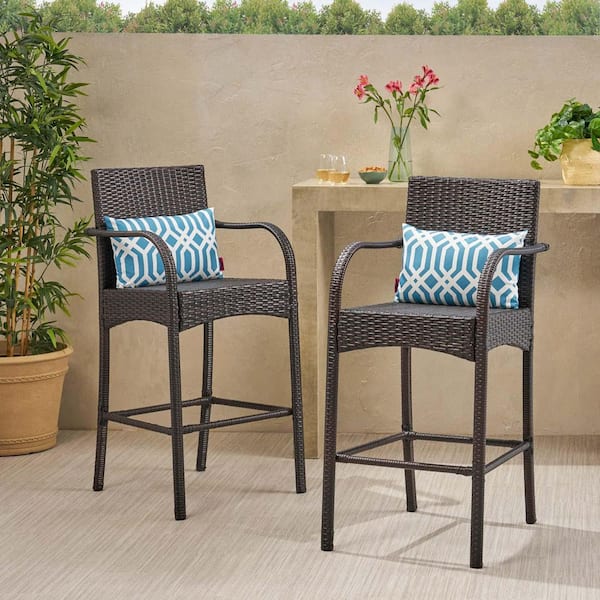 Unbranded 2-Piece Dark Brown Wicker Outdoor Bar Stool Patio Pub Chair Bar Height Dining Chairs with Armrests and Footrests