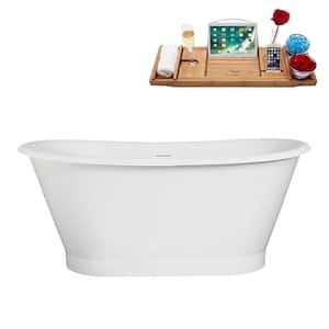 59 in. x 29 in. Acrylic Freestanding Soaking Bathtub in Glossy White with Matte Black Drain, Bamboo Tray