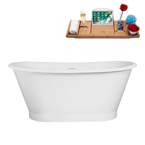 59 in. x 29 in. Acrylic Freestanding Soaking Bathtub in Glossy White with Matte Black Drain, Bamboo Tray