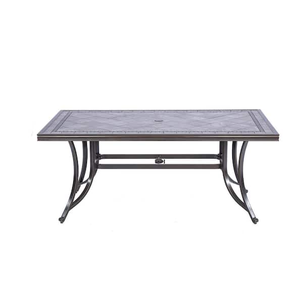 Clihome 67.8 in. L x 39.8 in. W Aluminum Rectangle Patio Dining Table Porcelain Top Dining Table with Umbrella Hole