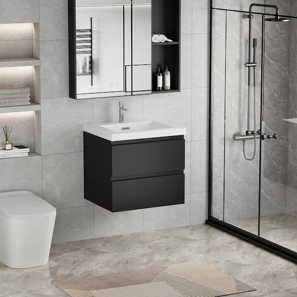23 5 8 in. W x 19 3 4 in. D x 22 1 2 in. H Wall Mounted Floating Bath Vanity Cabinet with Sink Combo in Black