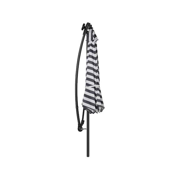 Bayshore 10 ft. Outdoor Patio Crank Lift LED Solar Powered Cantilever Umbrella with 4-Piece Base Weights, Black/White