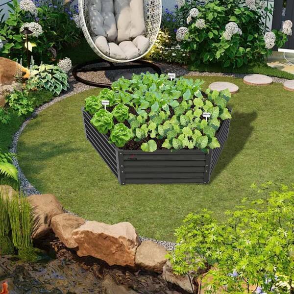A Anleolife Gray Metal Hexagon Raised Garden Bed Planter Box for
