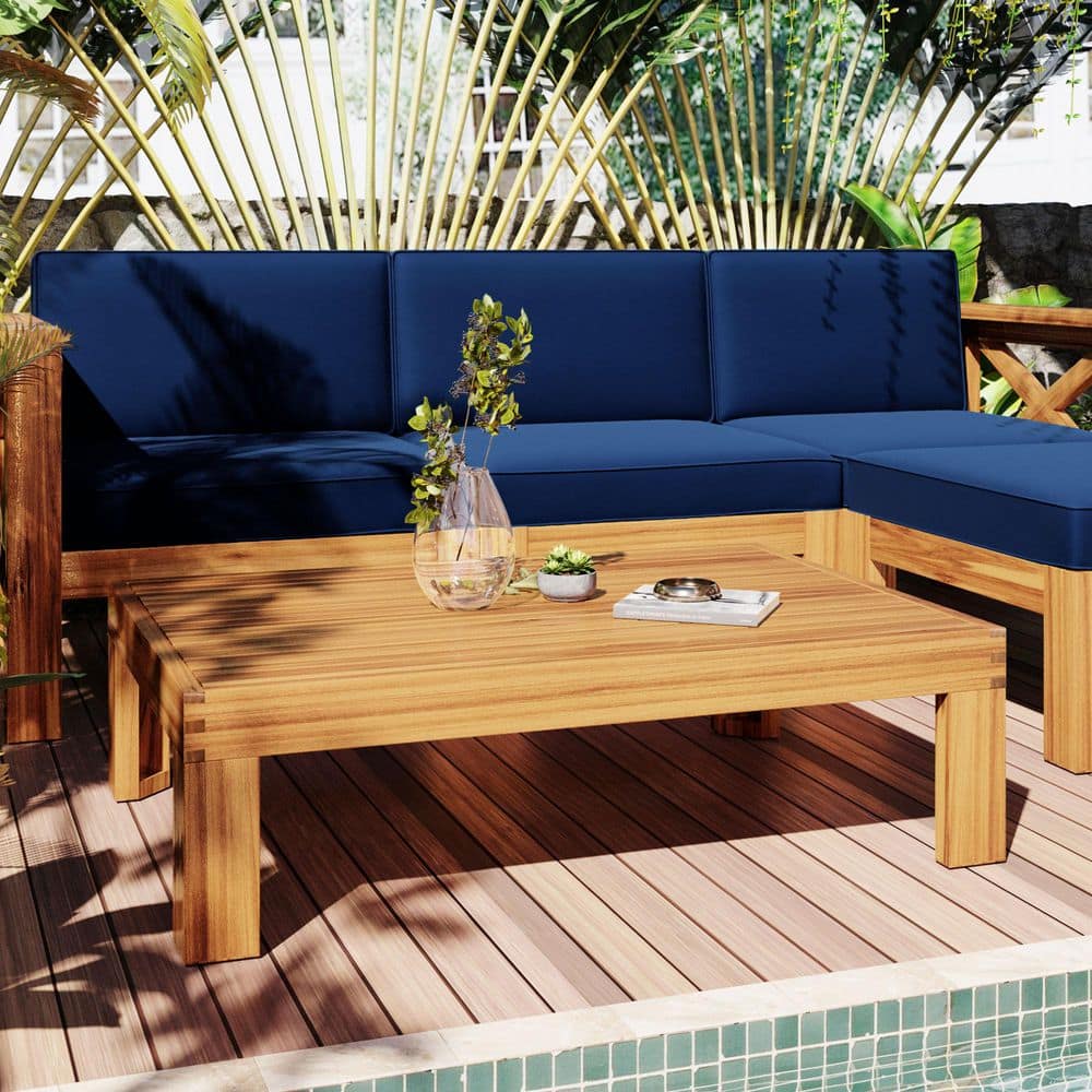 5-Piece Solid Wood Patio Conversation Set Group with Blue Cushions and Coffee Table price history on PriceWatchPro