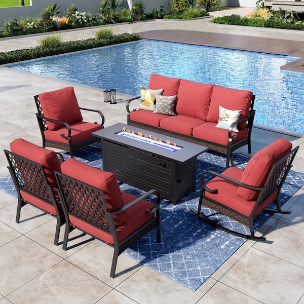 PHI VILLA 6-Piece Black Metal 7-Seats Fire Pit Patio Sets with Rocking Chairs, 50000 BTU Fire Pit Table and Red Cushions
