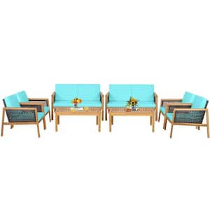 8-Pieces Patio Acacia Wood Furniture Set PE Rattan Conversation Set with Turquoise Cushions