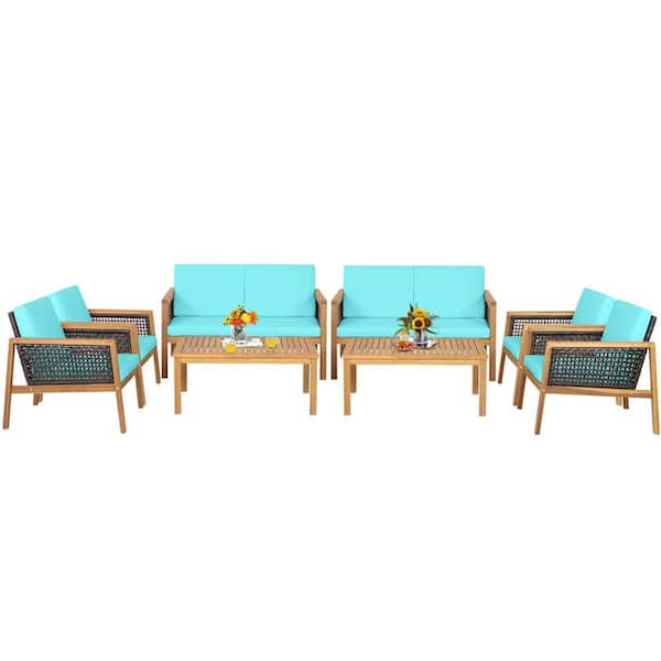 Gymax 8-Pieces Patio Acacia Wood Furniture Set PE Rattan Conversation Set with Turquoise Cushions