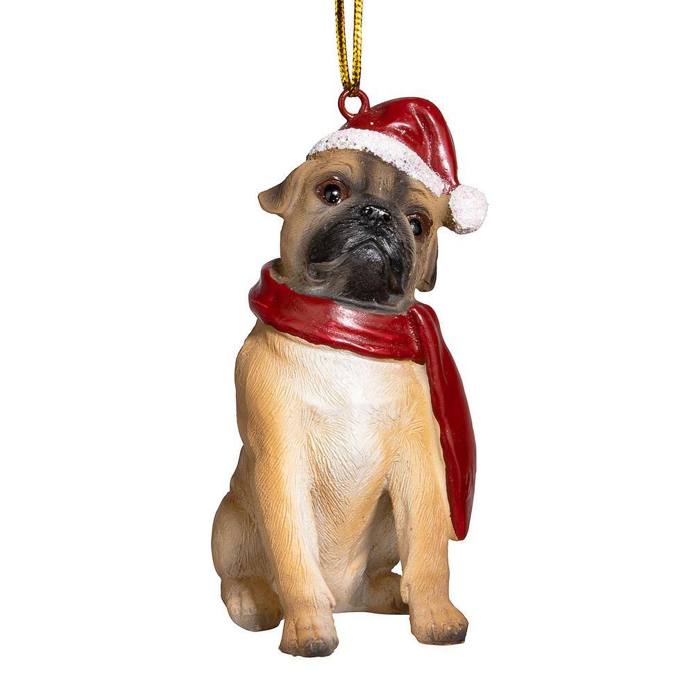 Festive Pug Dog Ornament with Santa Hat and Scarf