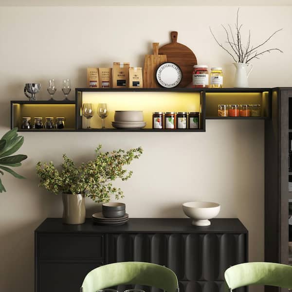 Tileon 65.4 in. W Kitchen Pantry Sideboard, Wall Mounted Floating TV Stand with 20 Color LEDs and Charging Station in Black