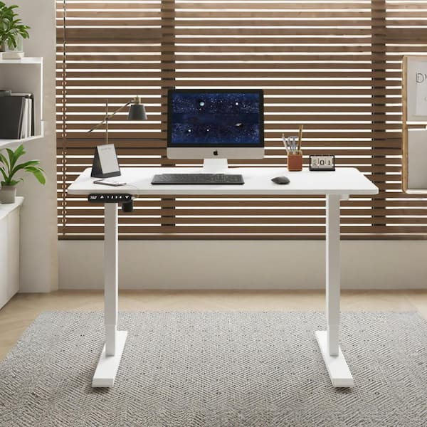 Lioba 55.1 in. White Electric Adjustable Height Standing Desk with Wood Tabletop, Metal Legs, Double Beam